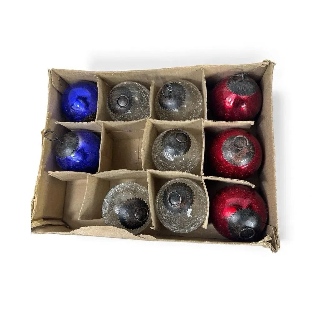 10 German Craquelle Crackle Glass Kugel Christmas Ornament Red Blue Clear 4”